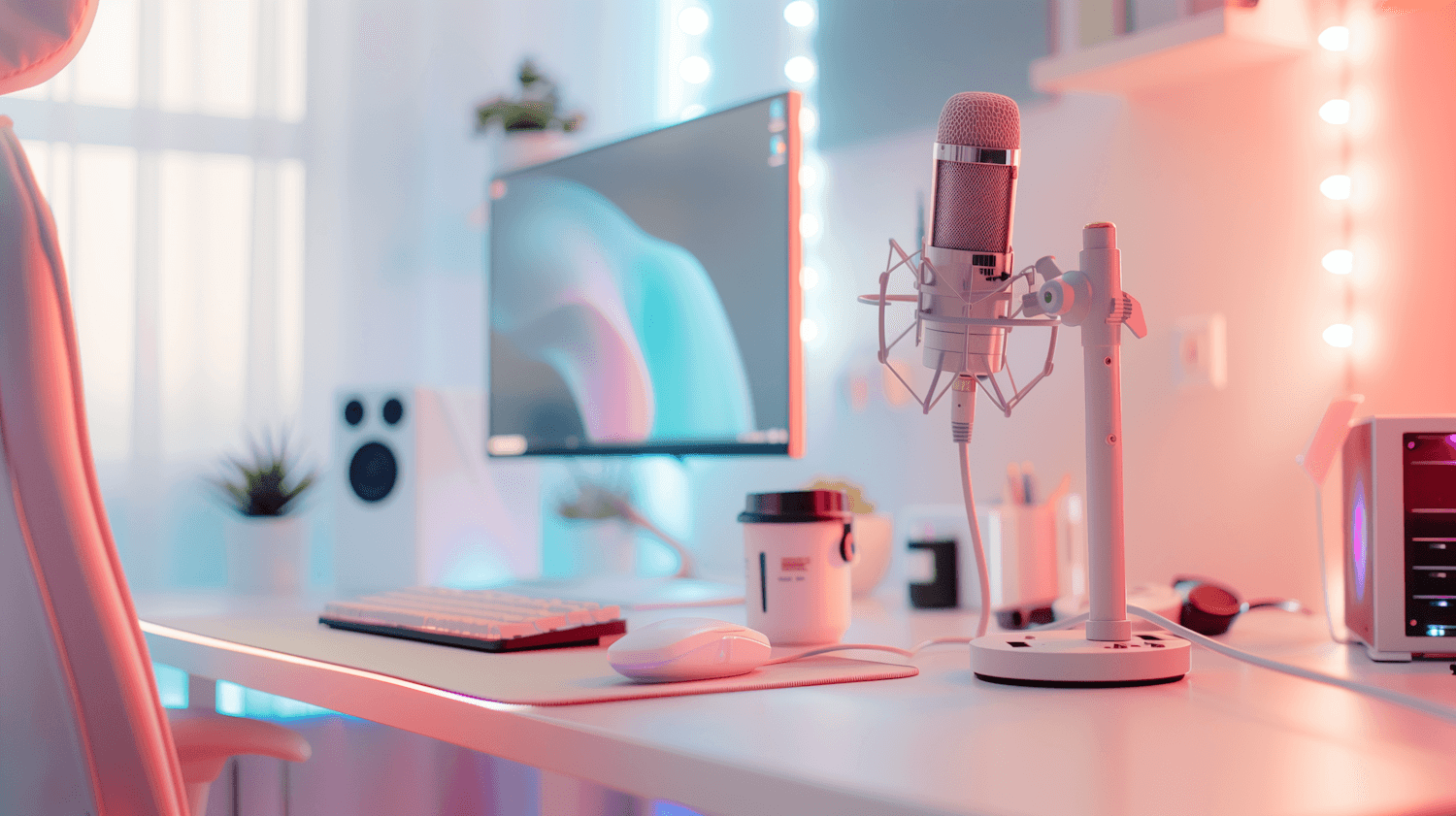Desk set up with a microphone and screen for recording online lessons