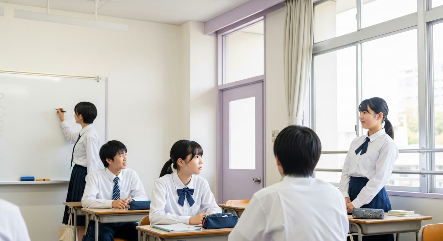 Students in uniform at their desks in a bright school classroom